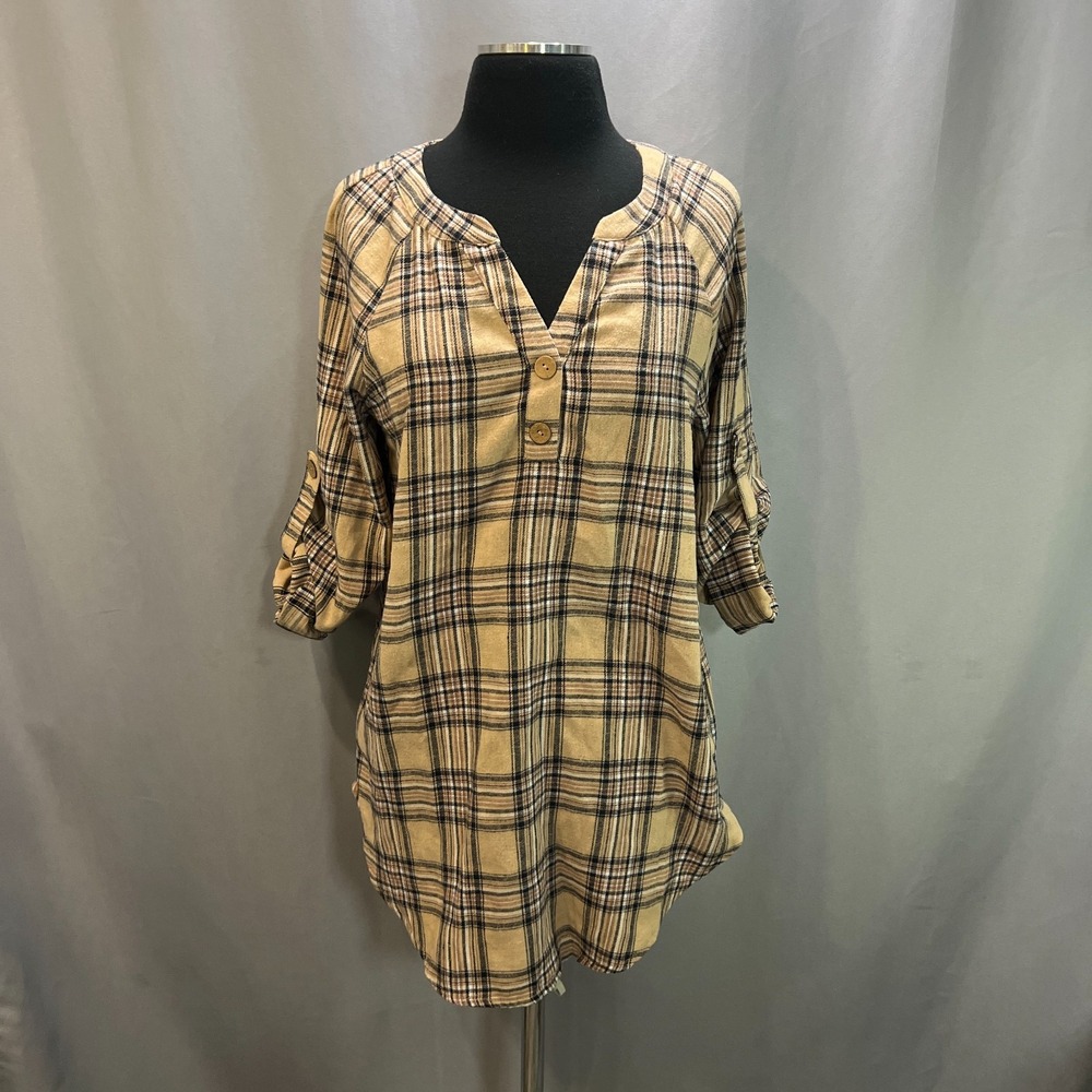 Emery Rose Tunic Top Womens Small Beige Black Plaid Roll Tab Sleeve Split Neck